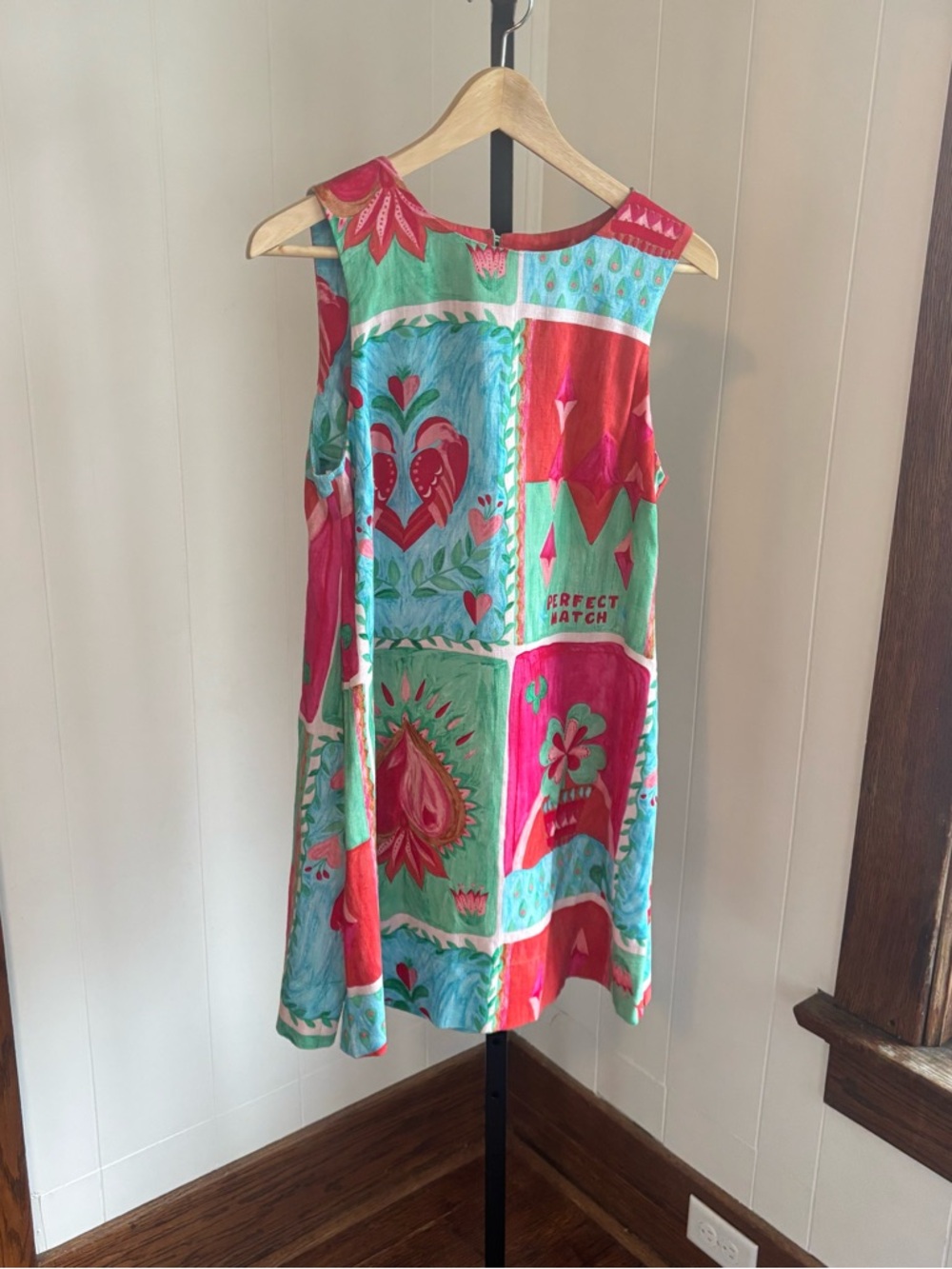 Paper Heart Tarot Print Shift Dress Colorful Linen Blend Sleeveless Womens S NWT